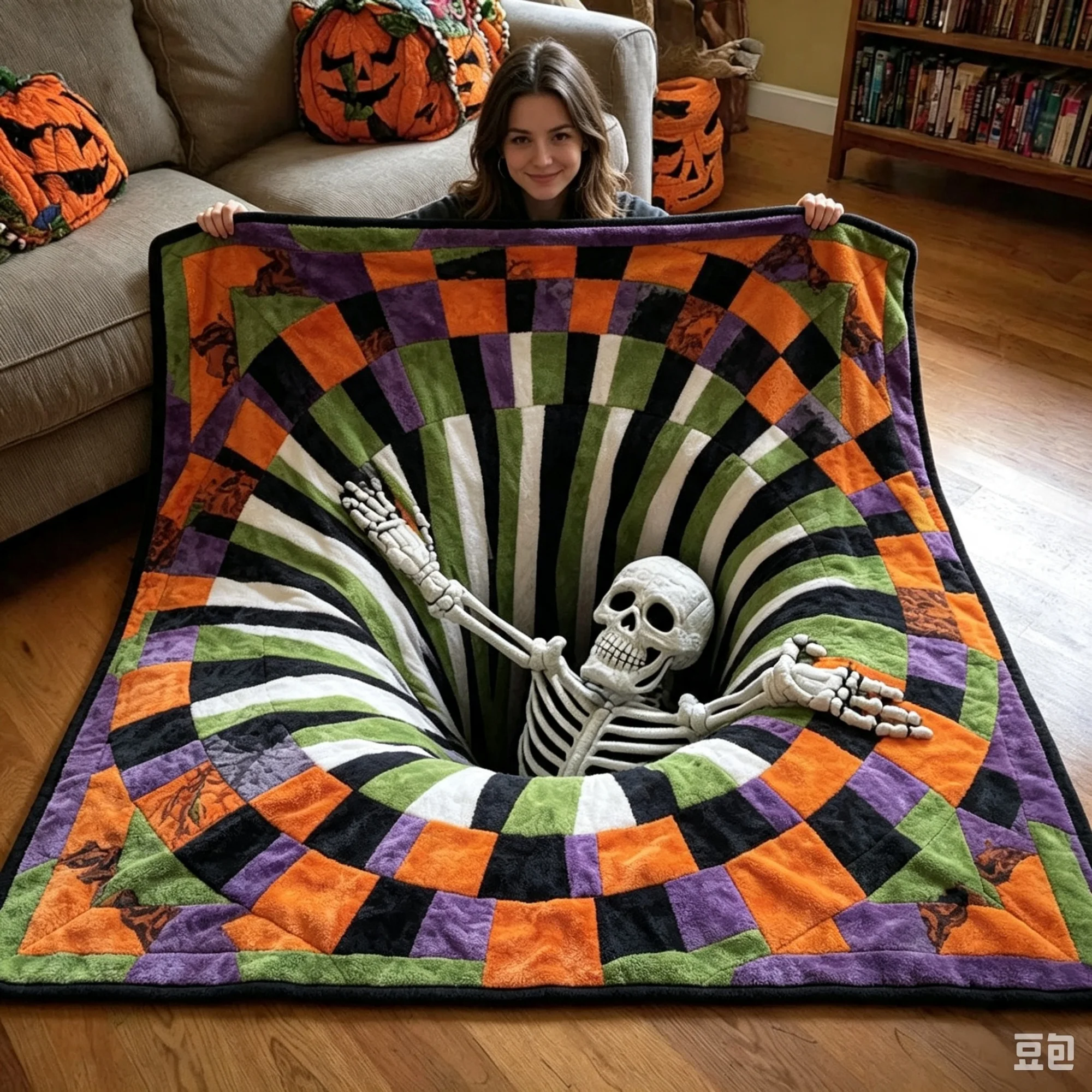 Flannel 2D Skeleton Vortex Optical Illusion Blanket Halloween Spiral Patchwork Soft Warm Throw Blanket For Home Sofa Bed Decor