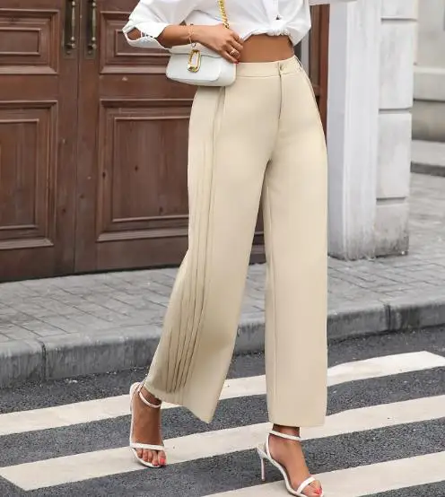 Commuting solid color double-sided pleated splicing design wide leg pants with casual style details pocket pants for women