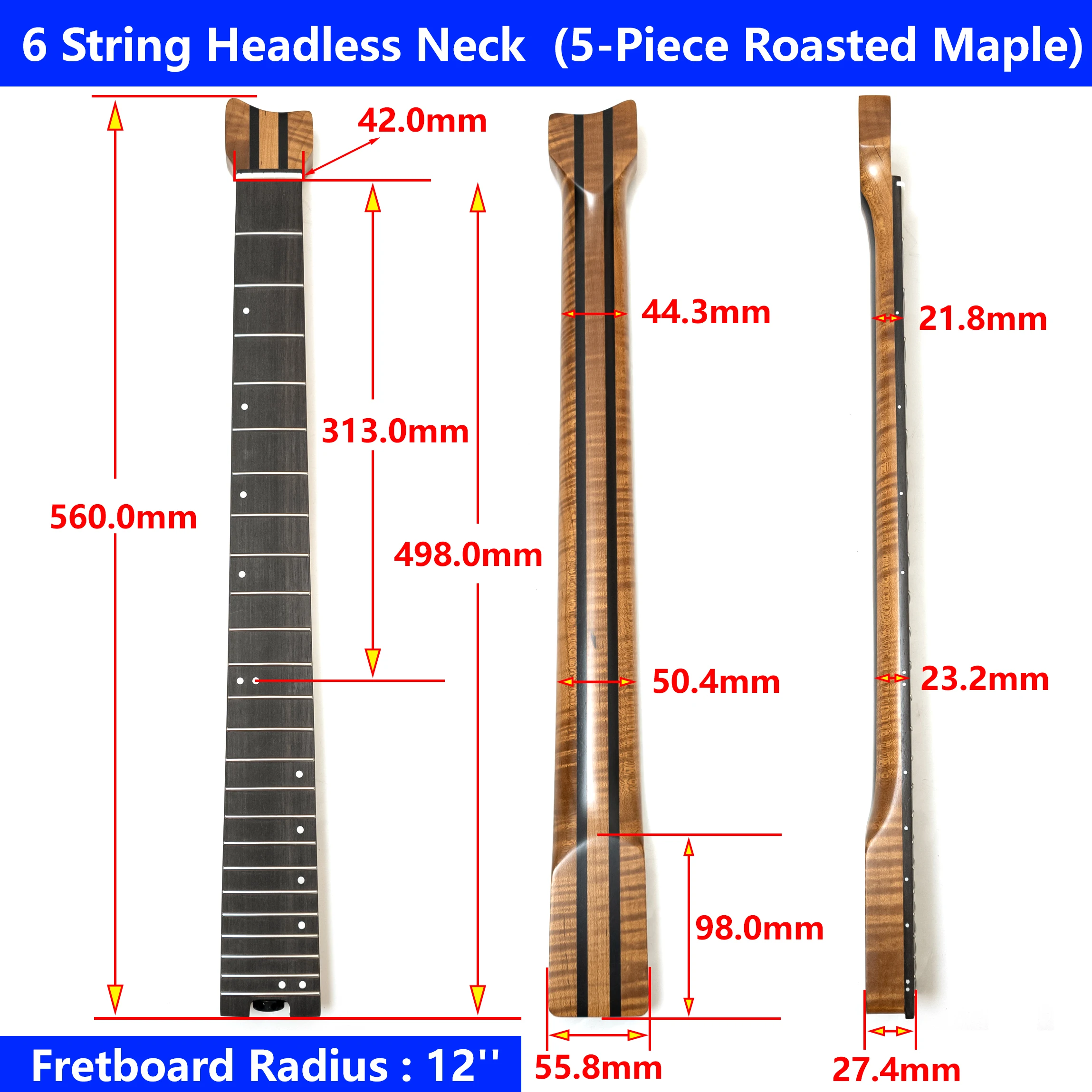 5 Piece Tiger Flame Roasted Maple Headless Guitar Neck Rosewood Fingerboard 24 Stainless Steel Frets 12