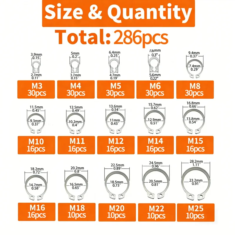UULMERA 286PCS M3-M25,304 Stainless Steel, Internal and External Retaining Rings, Retaining Ring Set, Bearing Retaining Clip Set