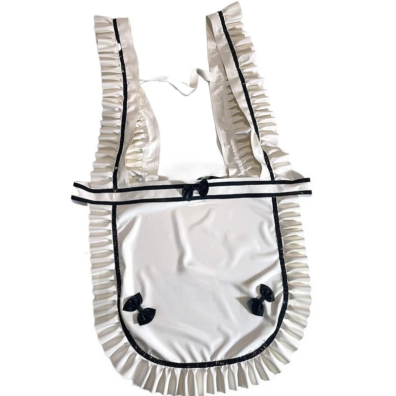 

Rubber Sexy Handmade Latex White Maid Strap Apron Dress Skirt with Black Bow Customize Size Uniform Festish