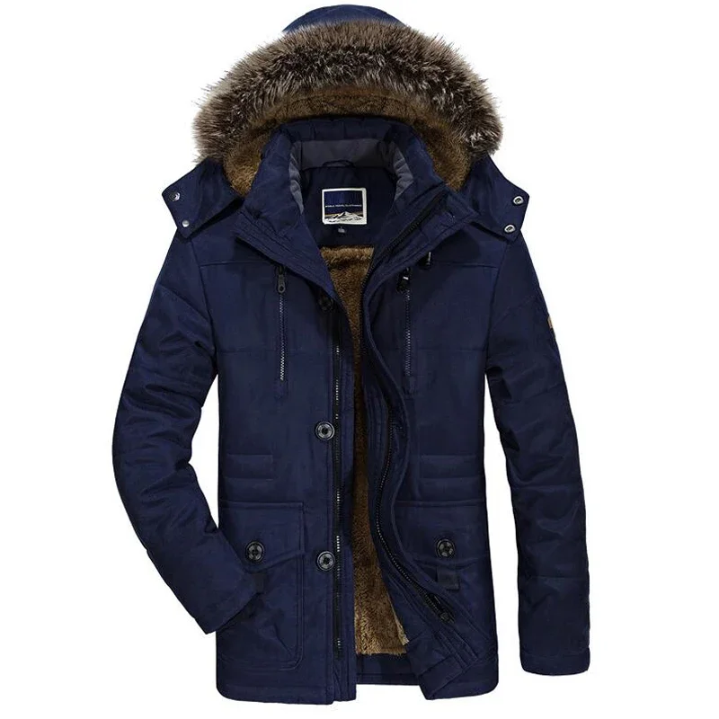 Winter Jacket Men\'s Plus Size Cotton Padded Warm Parka Coat Casual Faux Fur Hooded Fleece Long Male Jacket Windbreaker
