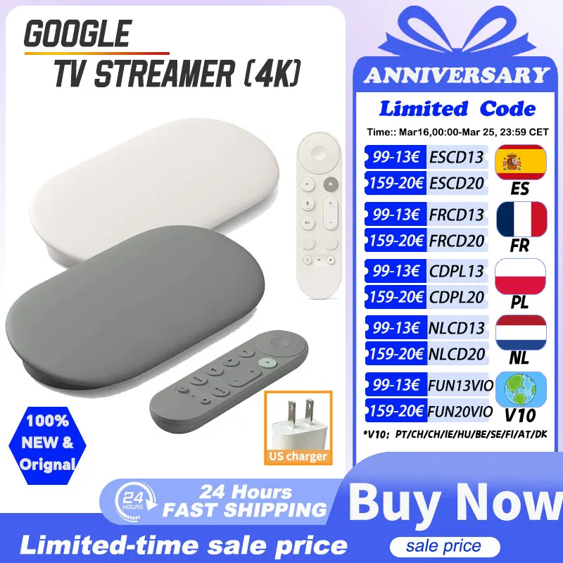 Lecteur multimédia Google TV (4K) Porcelain/Hazel, prend en charge la technologie 4K, HDR et Dolby Vision, appareils connectés pour la maison intelligente, chargeur US.
