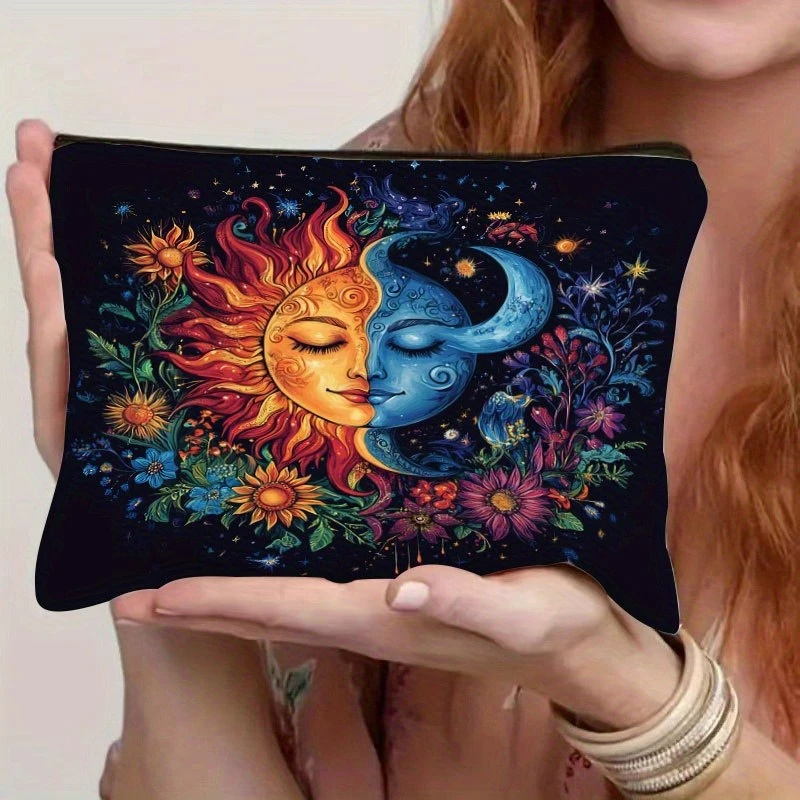 1pc Enchanting Sun & Moon Fusion Floral Celestial Makeup Bag - Vibrant Polyester Travel Toiletry Organizer