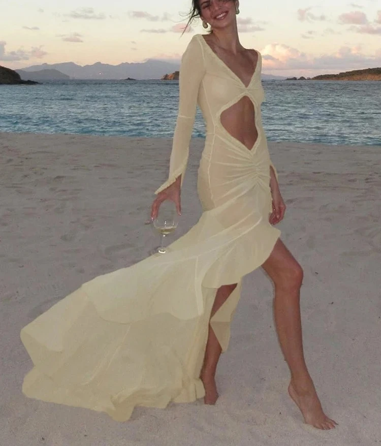 فستان شبكي موجز للنساء، نمط كلاسيكي للعطلات، بأكمام طويلة، رداء غير متماثل، ملابس نسائية أنيقة