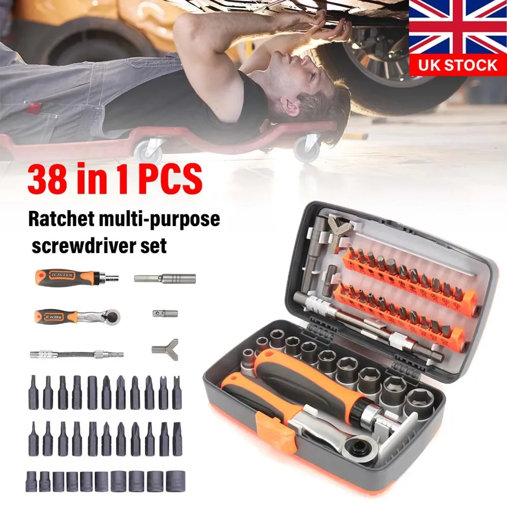 38Pcs1 Ratchet Screwdriver Set Adjustable Socket Wrench Precision Bits Tool Kit