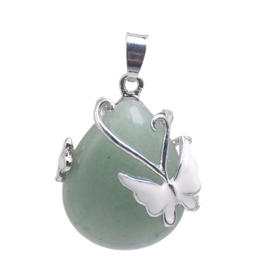 New Natural Stone Amethysts Rose Pink Quartz Opal Water Drop Beads Enamel Butterfly Inlay Pendant for Women Necklaces Jewelry
