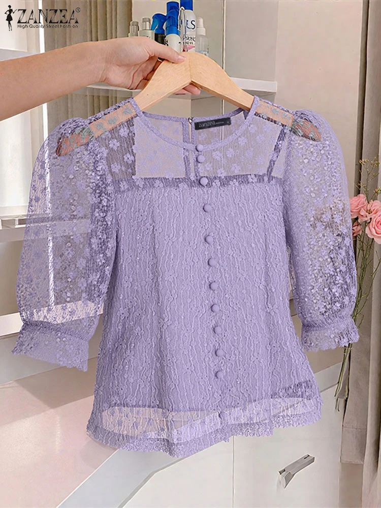 

ZANZEA 2025 Lace Blouse Casual Seethrough Tops Women 3/4 Puff Sleeve Bohemian Hollow Out Tunic Summer Blusas Fashion S-3XL