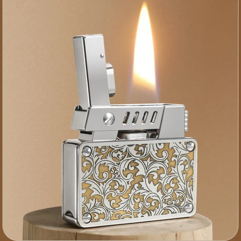 New Retro One-click Ejection Ignition Creative Engraving Double-sided Sugar Grass Personalized Kerosene Lighter Men's Gift