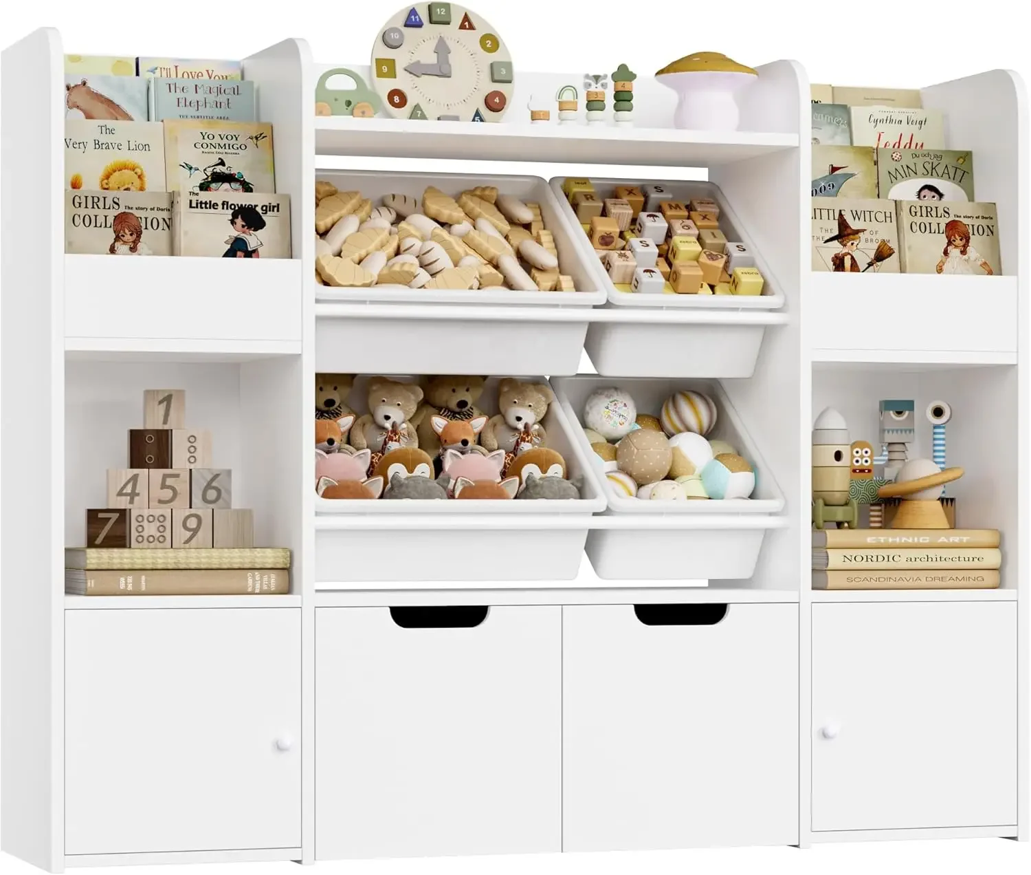 [Nuovo arrivo, spedizione gratuita! ]Grande organizer per giocattoli da 50'' con 4 contenitori per giocattoli, 6 armadietti e 2 cassetti mobili, libreria