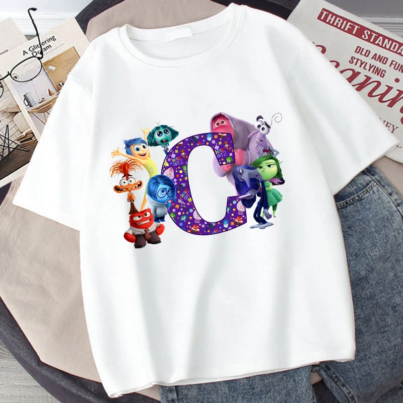 Disney Inside Out 2 Kids Cotton T-Shirt Anime Cartoon 26 Letter Printed Top Summer Loose Comfort Pullover Casual Clothes Gifts image 6