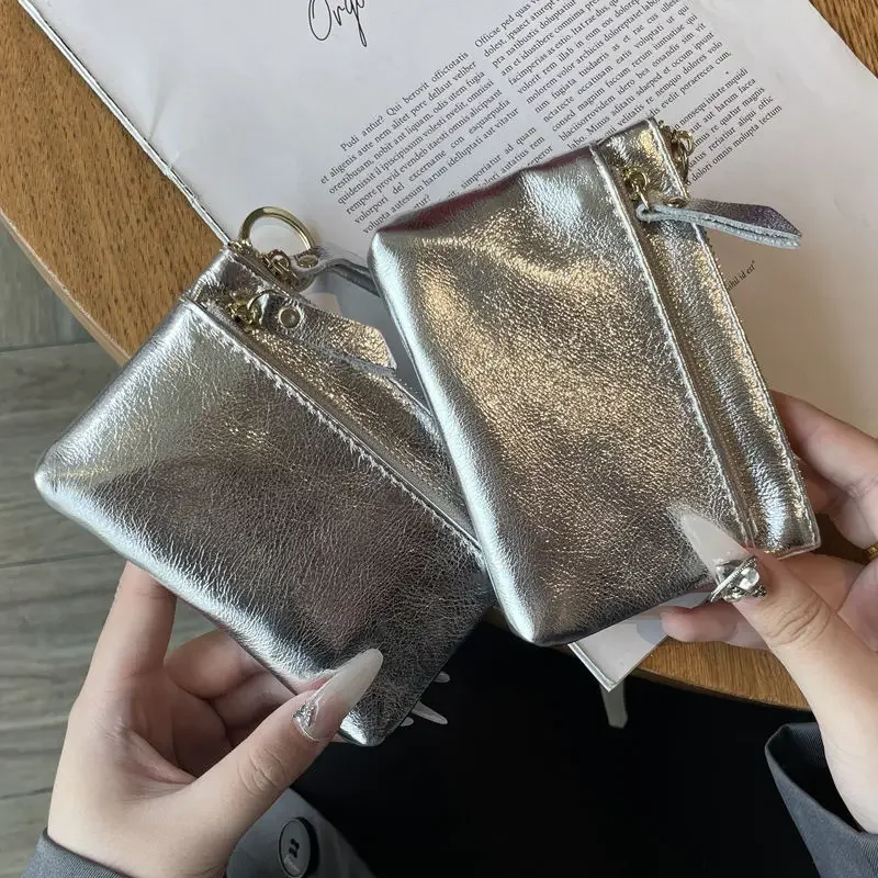 BOMO-billetera de diseñador de lujo para mujer, billetera de cuero PU plateada para tarjetas, monedero informal de estilo coreano con cremallera,