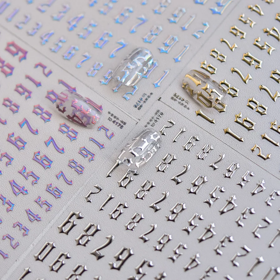 

Наклейки для ногтей в стиле панк-готика с цифрами и буквами, горячее тиснение, розовое золото, серебро, дизайн 0-9, наклейки для маникюра, декоративные стикеры