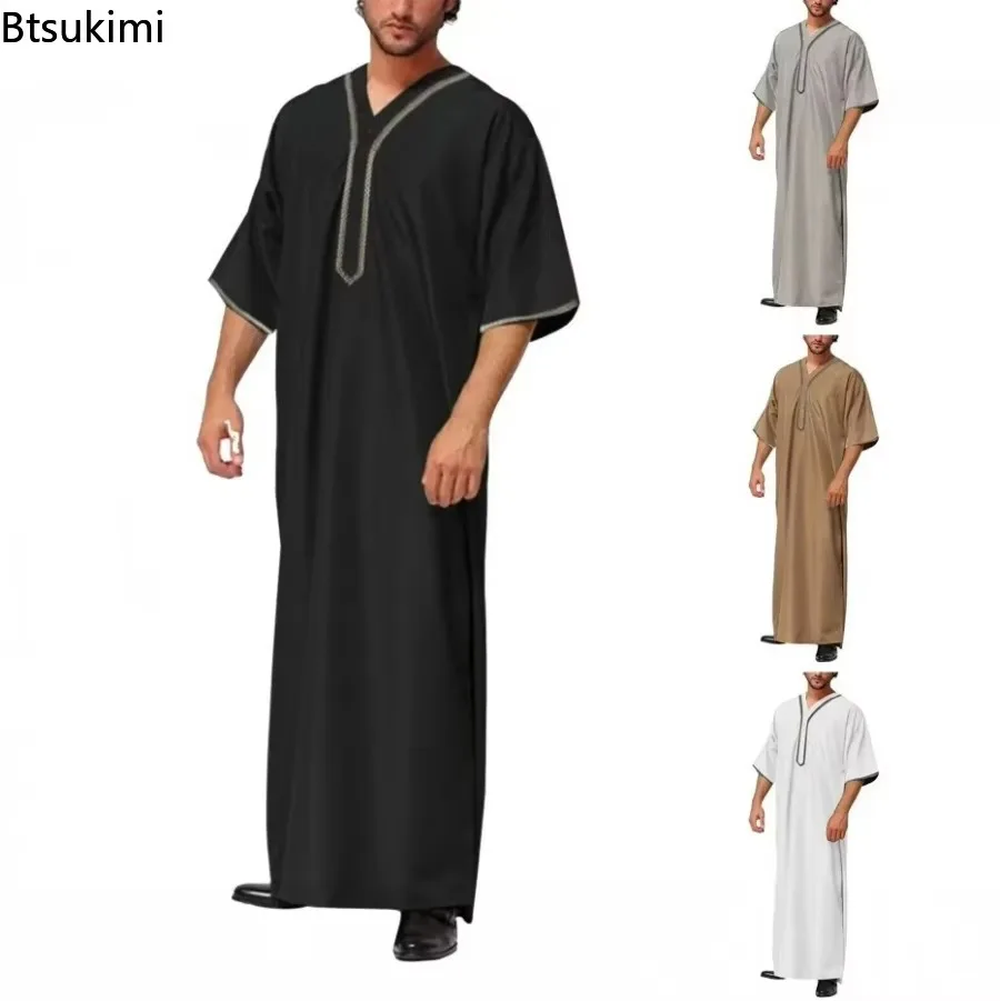 ผู้ชายวินเทจครึ่งแขนมุสลิม Kaftan Robes V คอพิมพ์ Jubba Thobe Solid Patchwork คําเสื้อผ้า PLUS ขนาด S-5XL