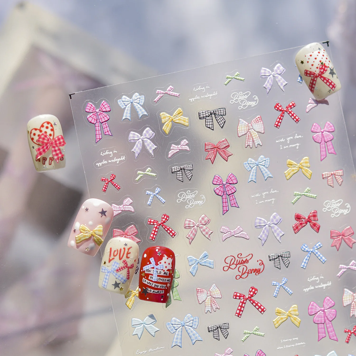 5D Macaron Nail Stickers Sweet Plaid Bow Lattice Polka Dot Self-adhesive Nail Art Decals Candy Color Manicure DIY Accessories