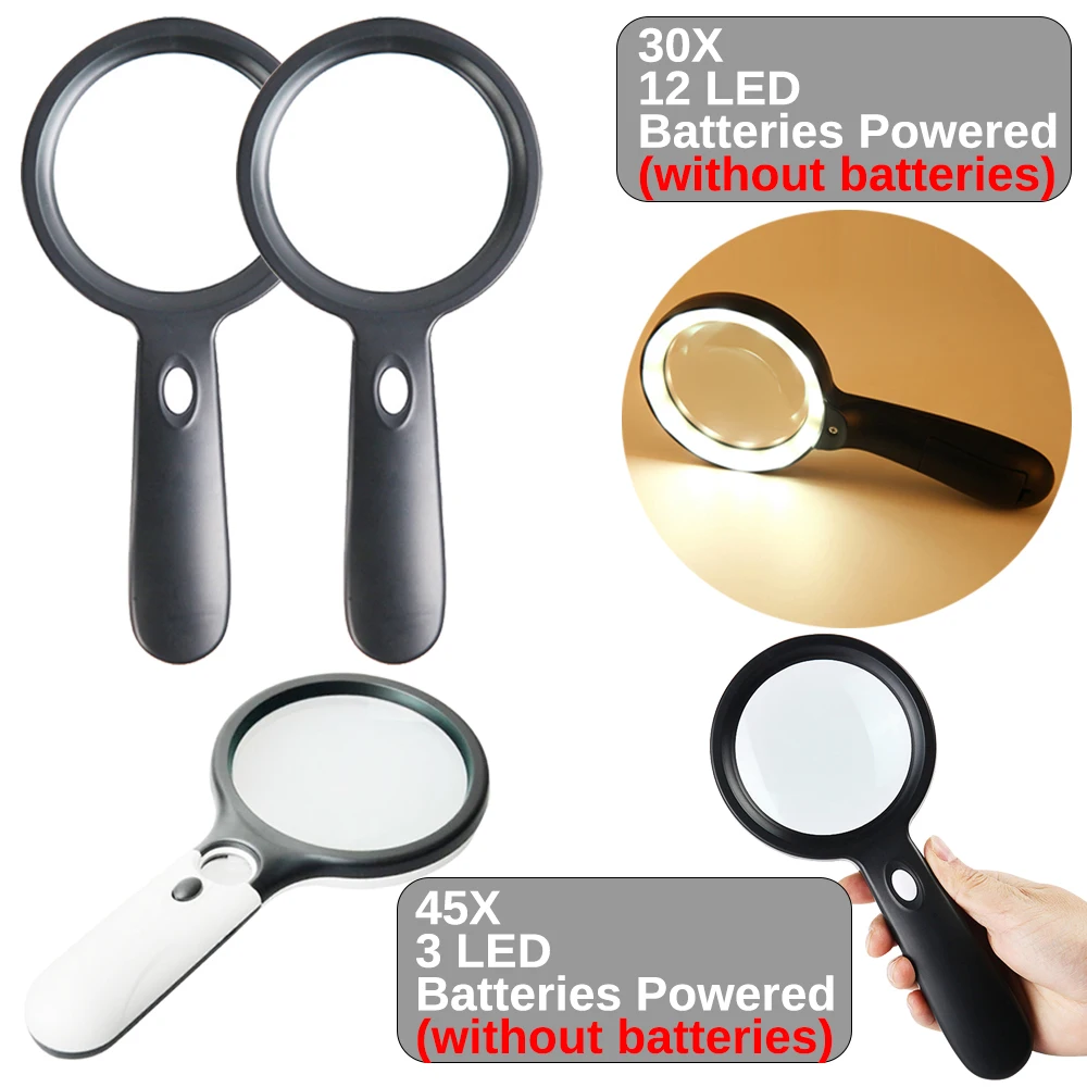 30X Hand held Large Reading Magnifying Glasses with 12 LED Illuminated Light Lighted Magnifying Glass for Seniors Repair Coins