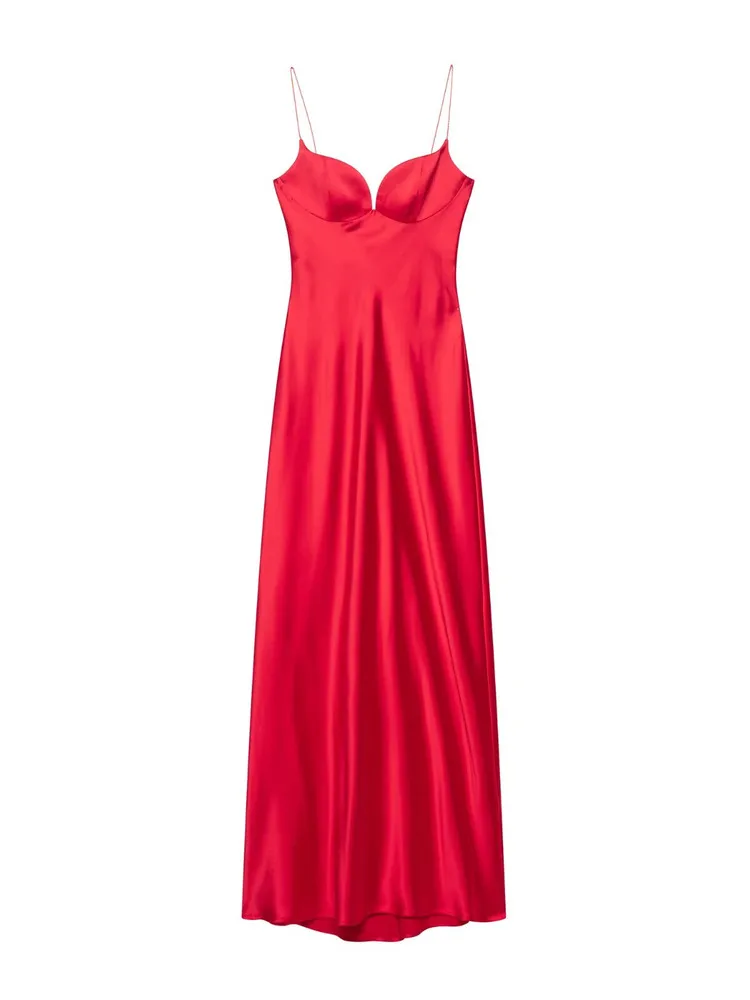 Nowa damska sukienka Za, wyszczuplająca, seksowna, długa, satynowa, z wysokim stanem, elegancka, z dekoltem w serek, idealna do pracy, na sezon letni.