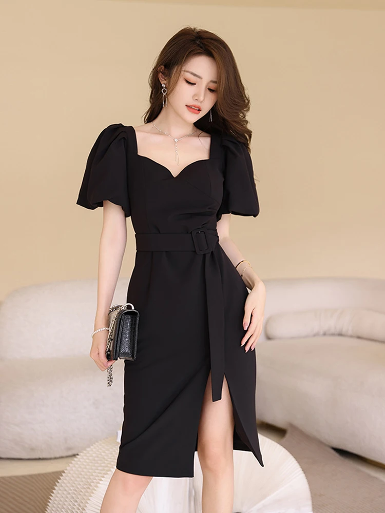 새로운 여름 우아한 여성 이브닝 드레스 시크한 블랙 섹시 퍼프 소매 슬릿 슬림 미디 펜슬 파티 클럽 프롬 여성 의류