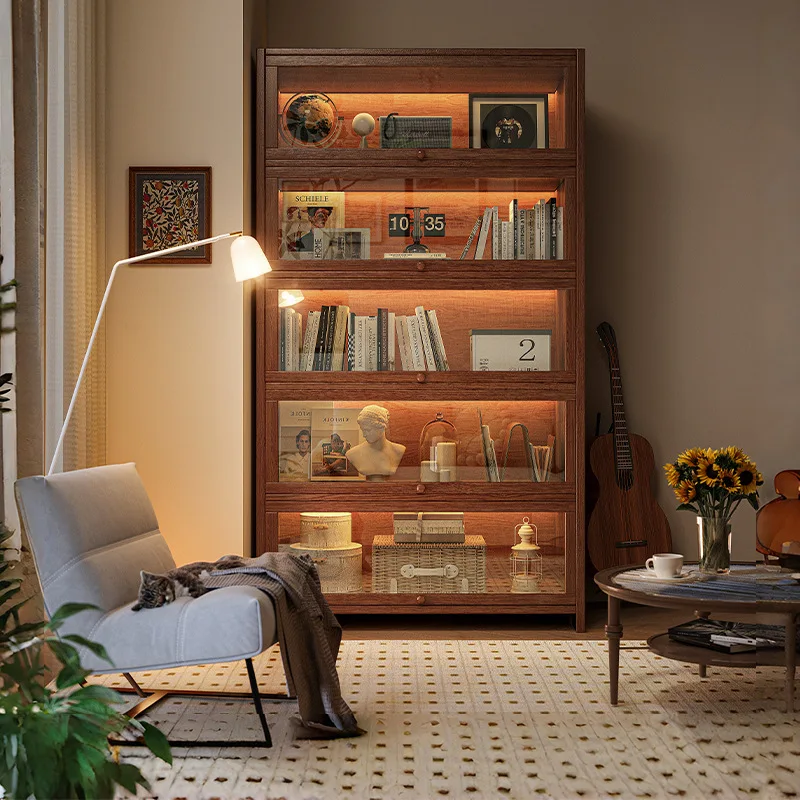 Solid wood bookcase, locker integrated walnut color imitation glass display locker, living room floor-to-ceiling