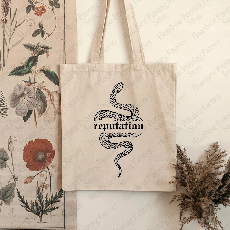 Snake & Reputation Canvas Tote Bag, Vintage Tattoo Style Print, Reusable Gothic Shopping Shoulder Bag