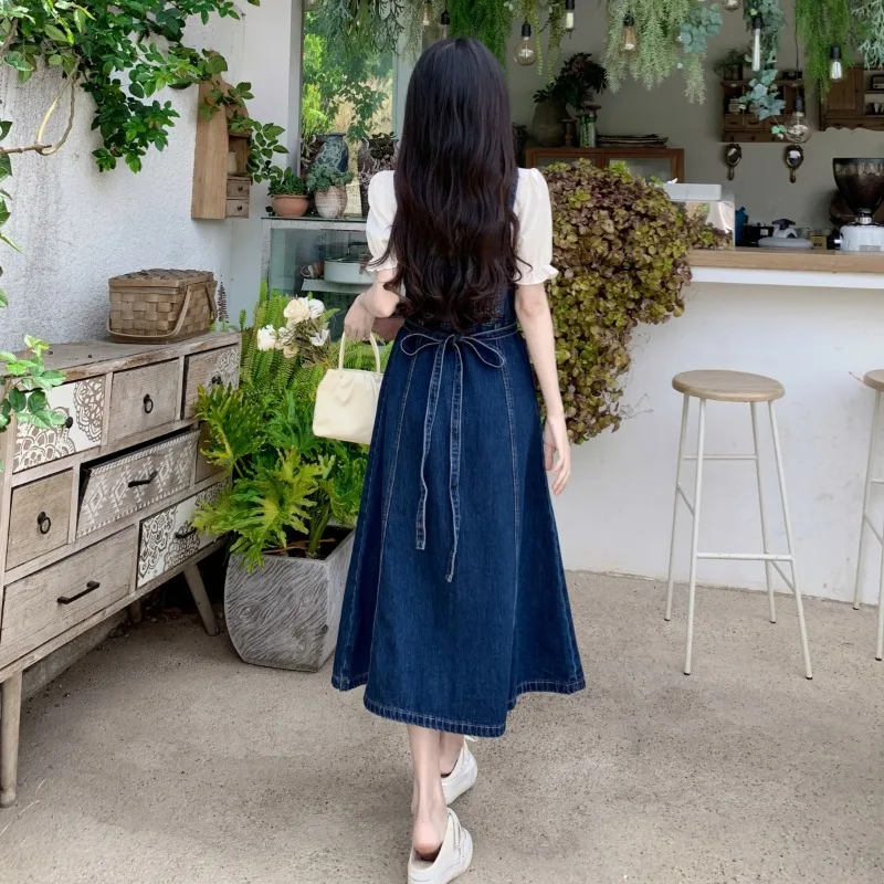 2025 Summer Denim Suspender Aline Dress Women Two-piece Set Blue Dress + Bubble Sleeve Shirt Woman