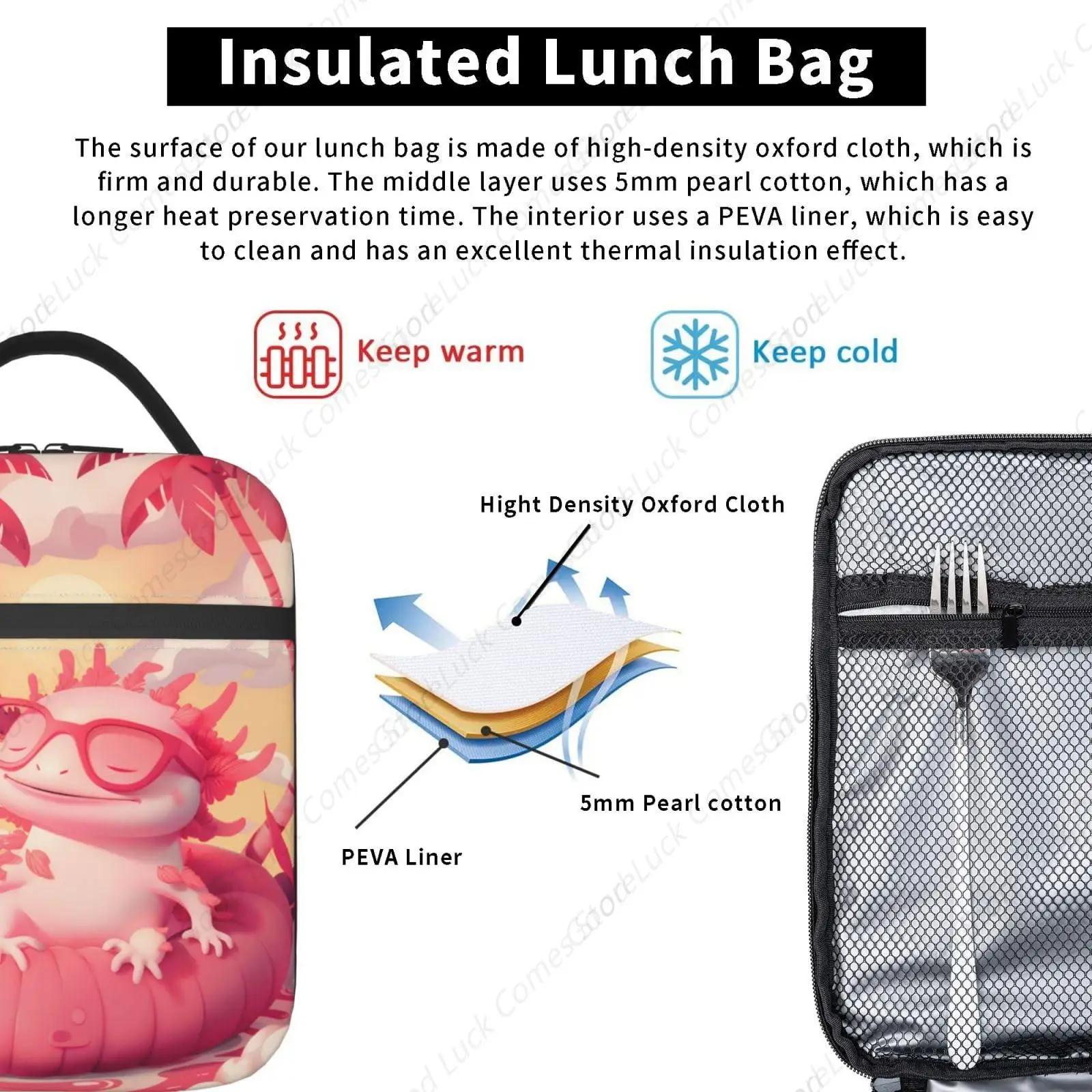 صندوق غداء معزول للنساء والرجال، صندوق غداء بنمط فلامنغو أكسولوتل قابل لإعادة الاستخدام، حقيبة غداء محمولة، حقيبة غداء مقاومة للماء #5