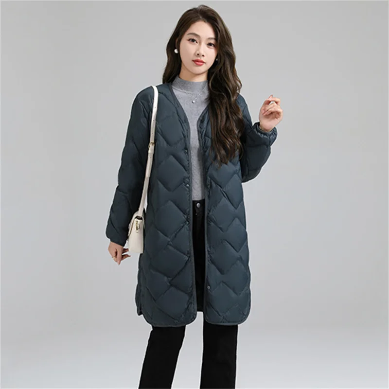 Malha rômbica quente leve fina branca de pato para baixo jaqueta feminina, longo puffer parkas, casaco gola V, grande tamanho feminino outwears, inverno