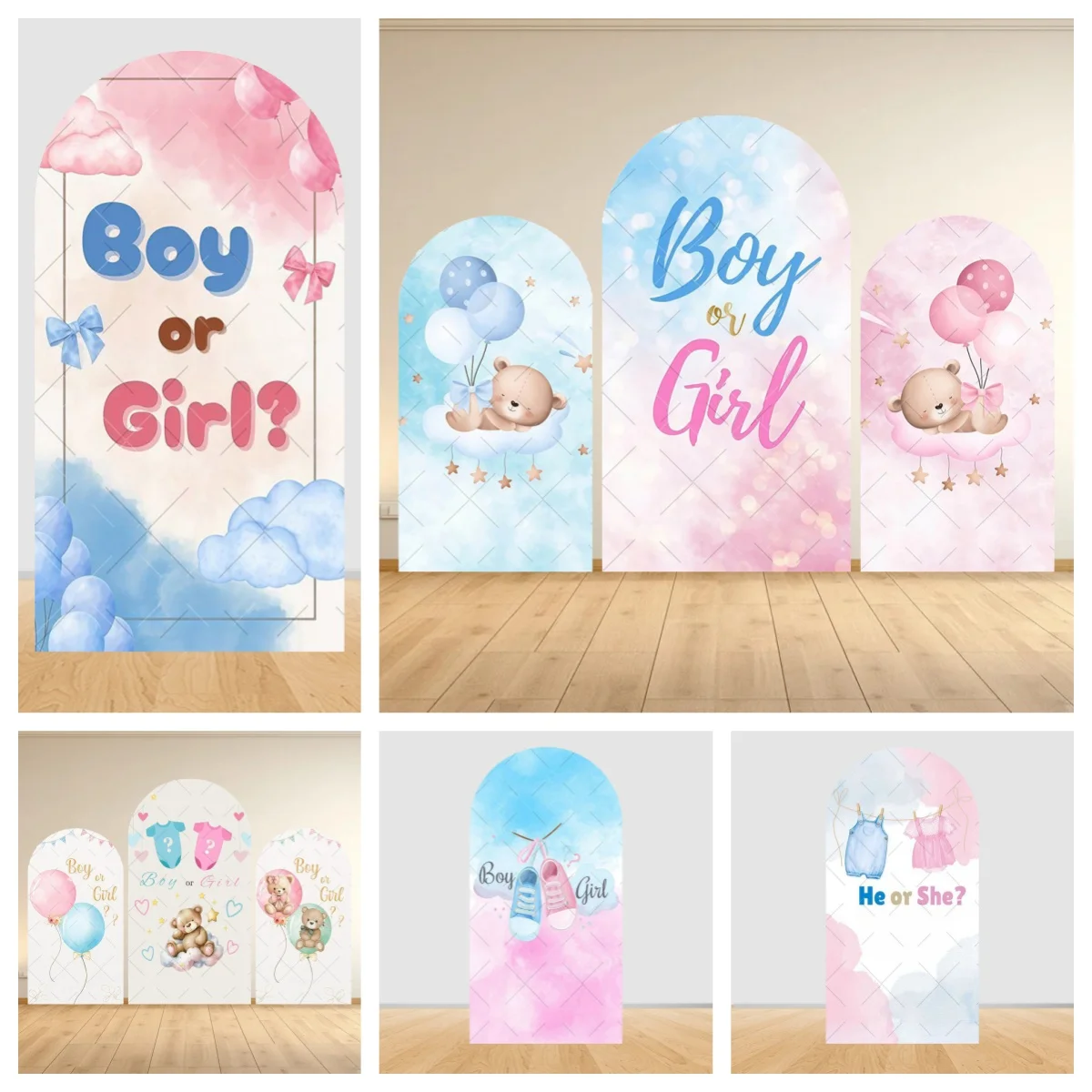

Boy or Girl Gender Reveal Party Arch Backdrop Pink Blue Balloons Bear Baby Shower Kids Birthday Decor Elastic Arched Background