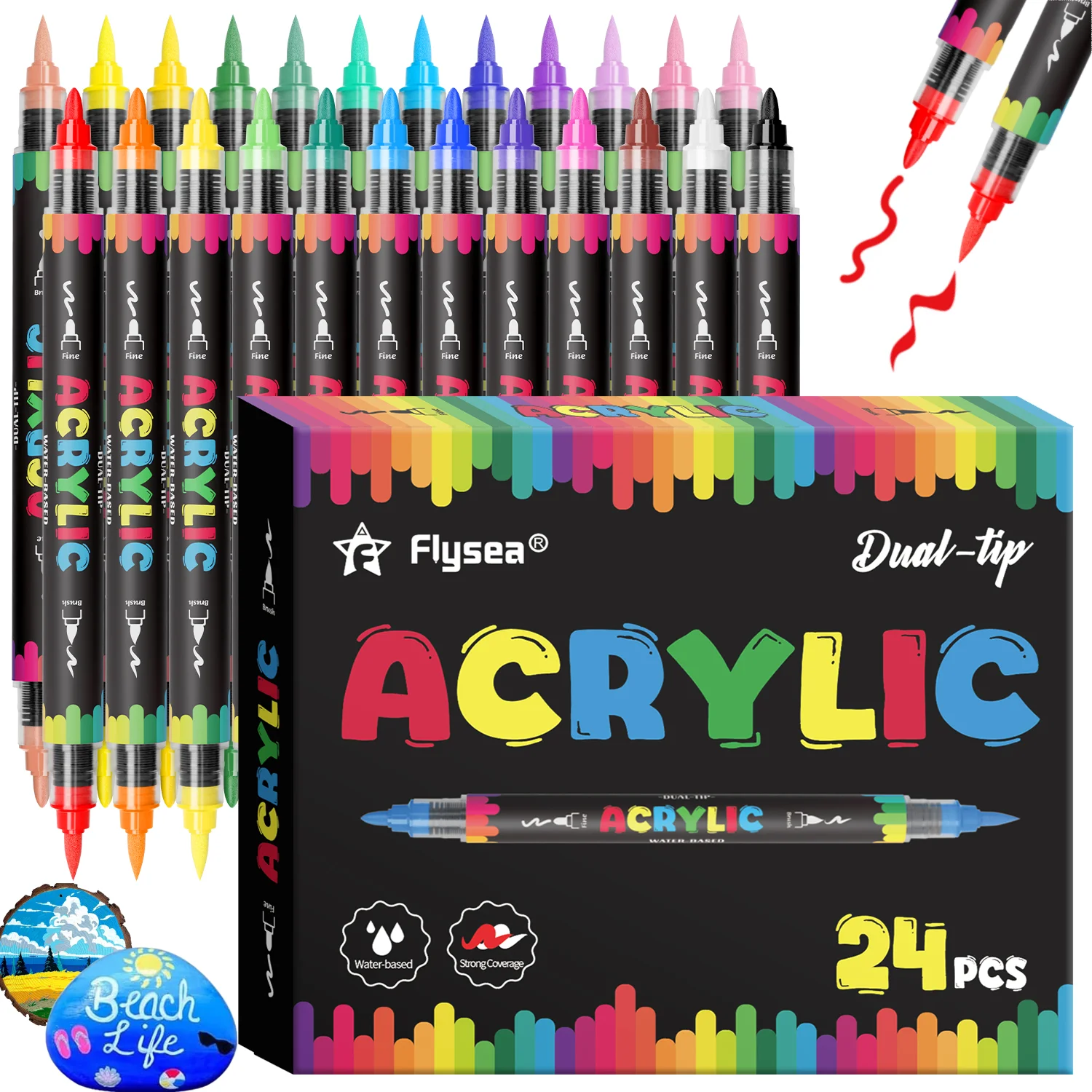 

Acrylic Paint Markers,24 Colors Automatic ink control Dual Tip (Brush & Fine) Water-based,Strong Covearge,Acrylic Paint Markers