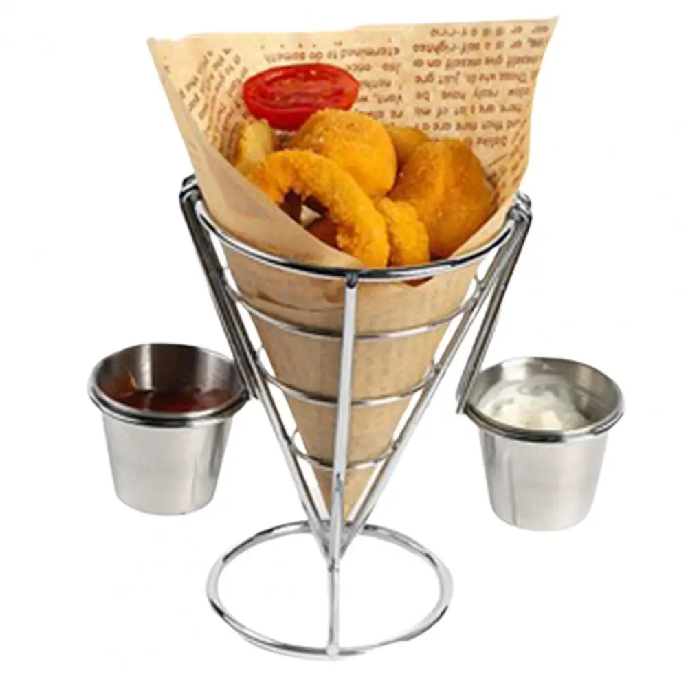 French Fries Stand With Sauce-Hopper Set Rust-proof Metal Chip Cup Holder Fried Chicken Display Rack Basket Party Kitchen Supply