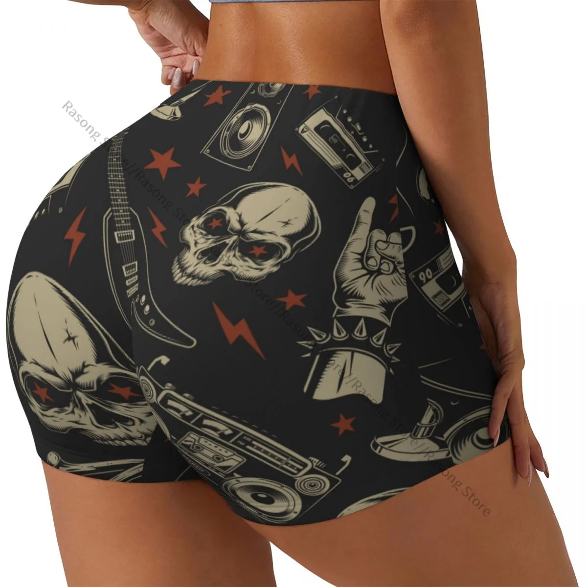 Yoga Shorts Skull Musical Electric Guitar And Cassette Women Biker Tight Elastic Workout Sports Leggings Sportswear