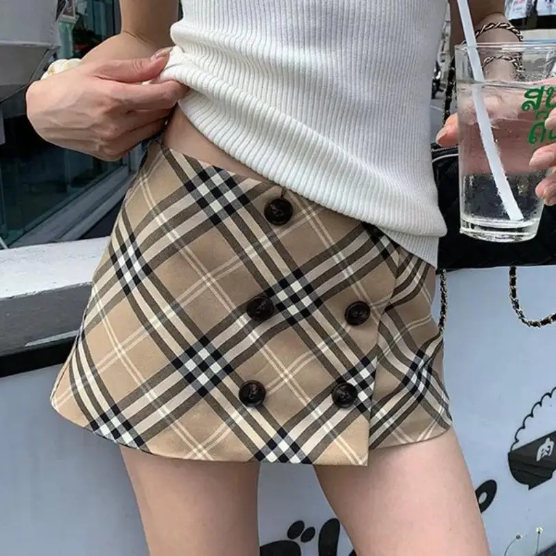 

American Style Double Row Button Plaid Half Skirt Women's Summer New Fashion Dropped Mature Girl Wrapped Hip Skirt Mini Skirt