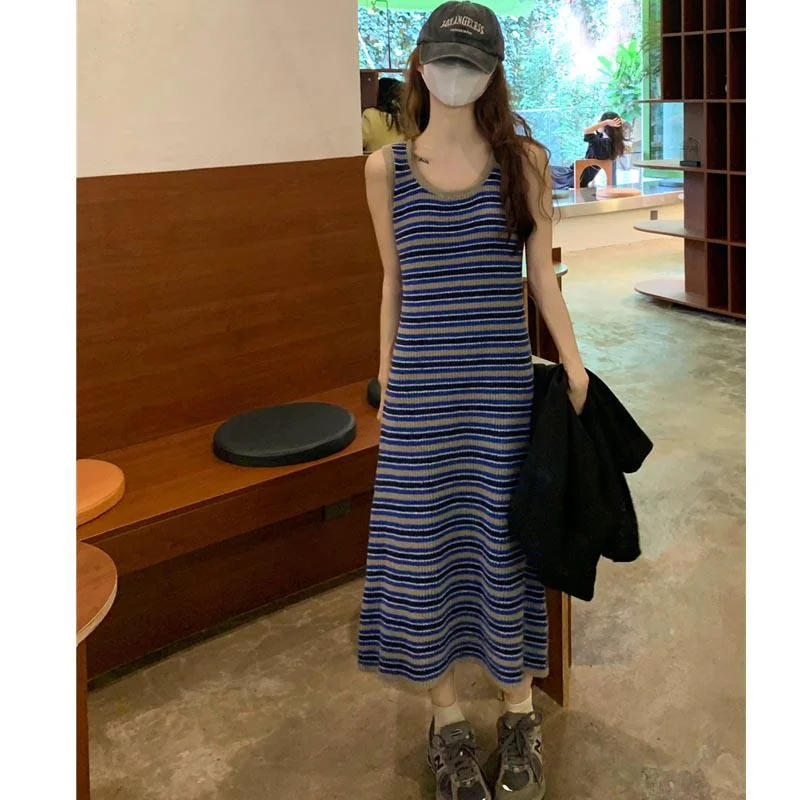 

Women Long Dress Loose V-neck Maxi Dresses Casual Striped Knit Vest Party Dress