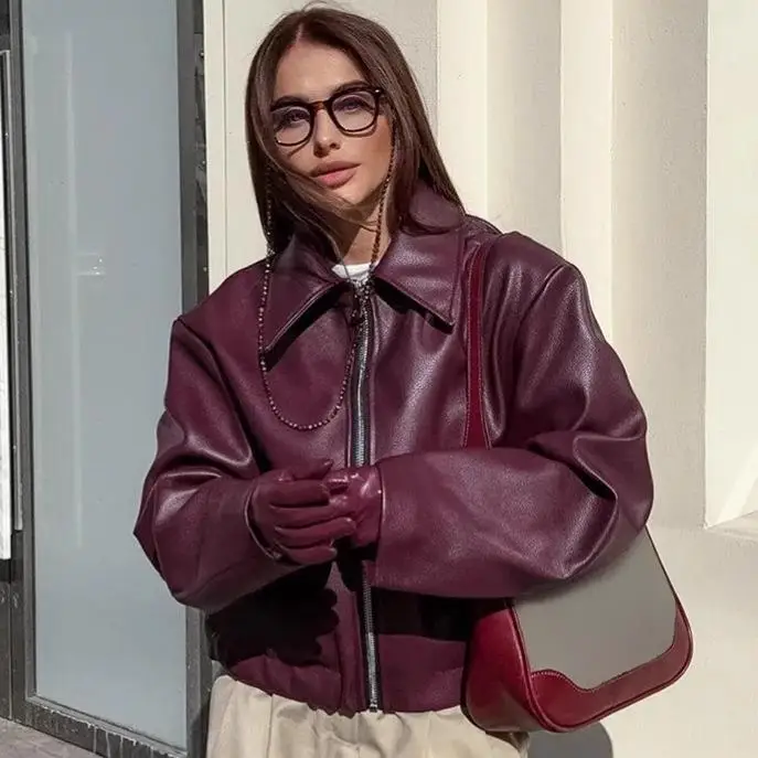 

Cross-Border Faionable Women's Leather Jaet Two Colors ular Internet Celebri Sle Long Sve Color Cotton Coat