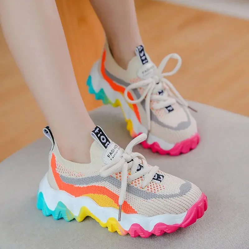 Girl's Casual Sports Shoes Weaving Air Mesh Outdoor Light Running Sneakers Fashion Rainbow Sole Retro Old Dady Shoes Kid 26-37