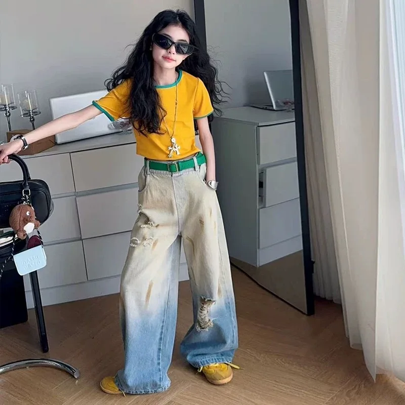 

4-14 summer teena big hole jeans+belt cotton yellow t-shirt Denim Gradient wide leg pants junior kids clothes suit child outfits