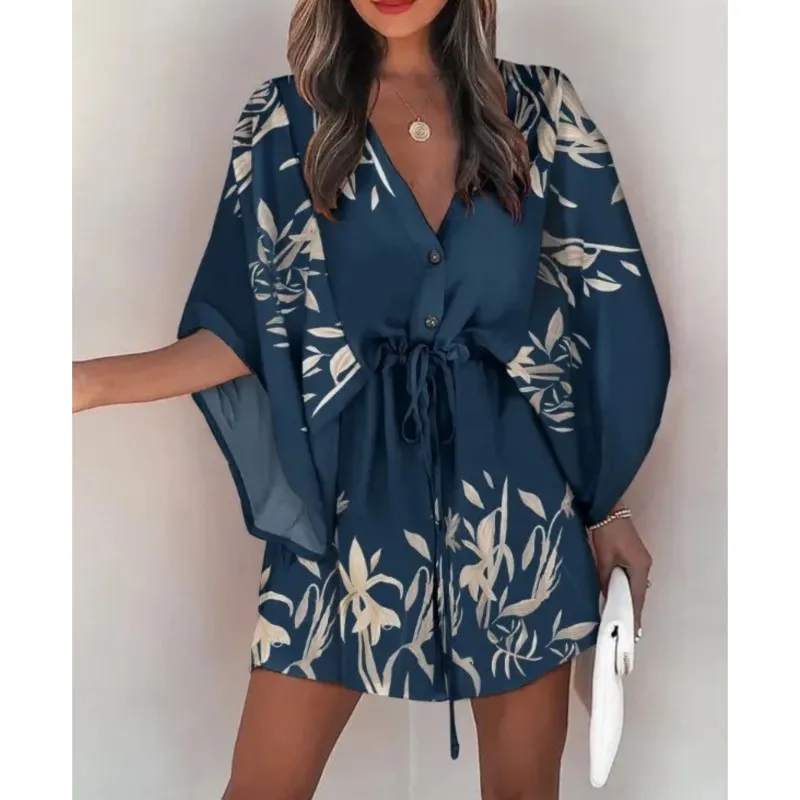 

Women's Summer Flying Sleeves Sexy V-neck Lace Up Print Beach Dress 2024 Ladies Quarter Sleeve Loose Button Mini Dress Vestidos