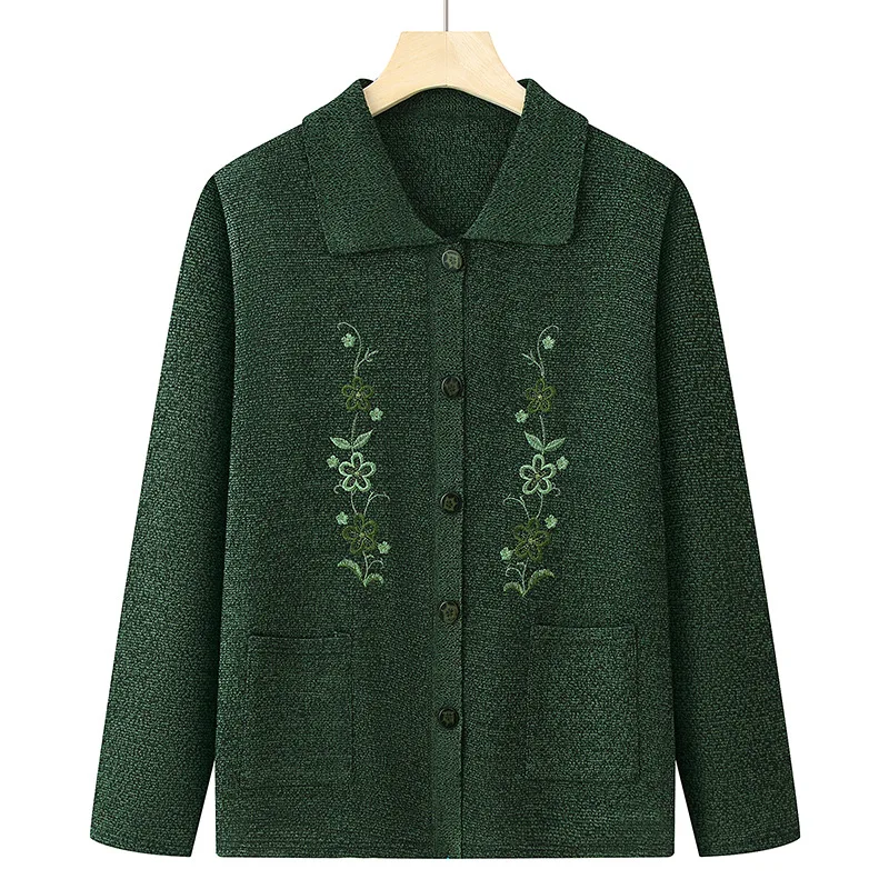 

2026 Embroidery Knitted Cardigan Coat Middle-aged Women's Short Casual Tops Spring Autumn Turndown Collar Loose Sweater Jackets