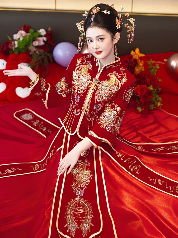 

New Chinese Style Wedding Dress Show He Fu Stand Collar Slimming Short Statured Brides Traditional Long Sleeve Polyester Fabric