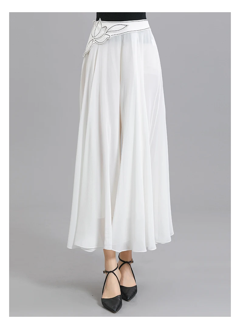 Silk Georgette White Topstitching Decorative Impact Material Natural Waist Double Layer Lady All-match Wide-leg Pants KE663