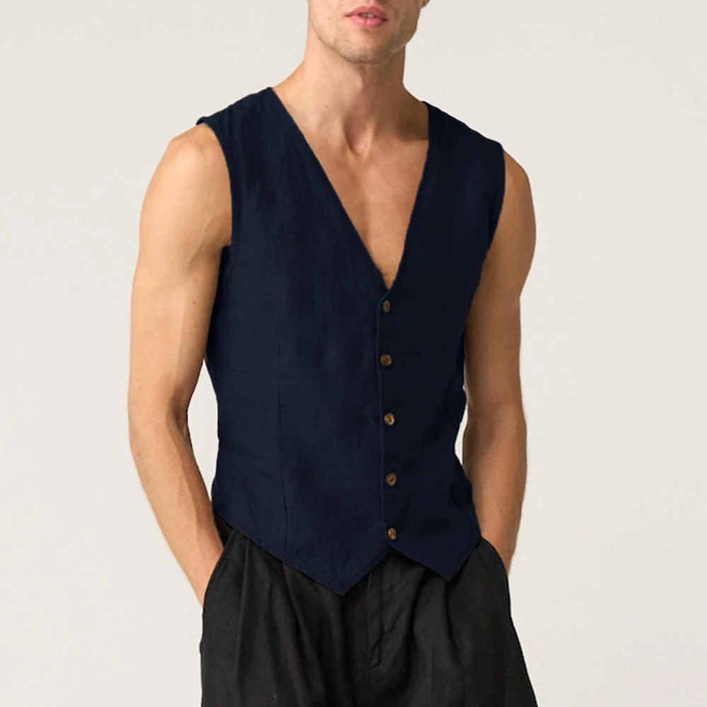 Gilet en lin décontracté pour hommes, gilet d\'été à simple boutonnage, col en V, veste en fibre cool vintage pour hommes