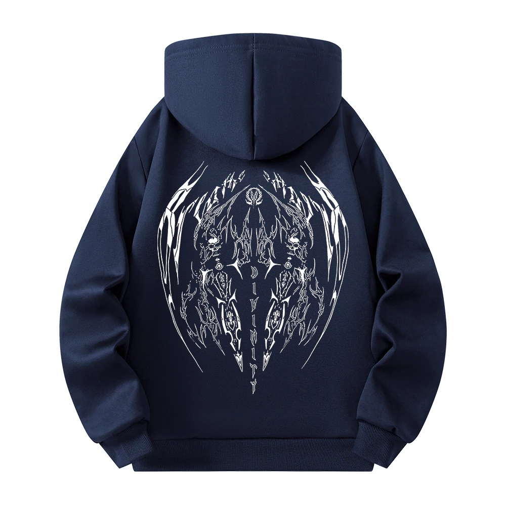 Moletom preto com capuz e meio zíper com estampa de diabo alado estilo de rua hip-hop solto e casual outono/inverno pulôver masculino