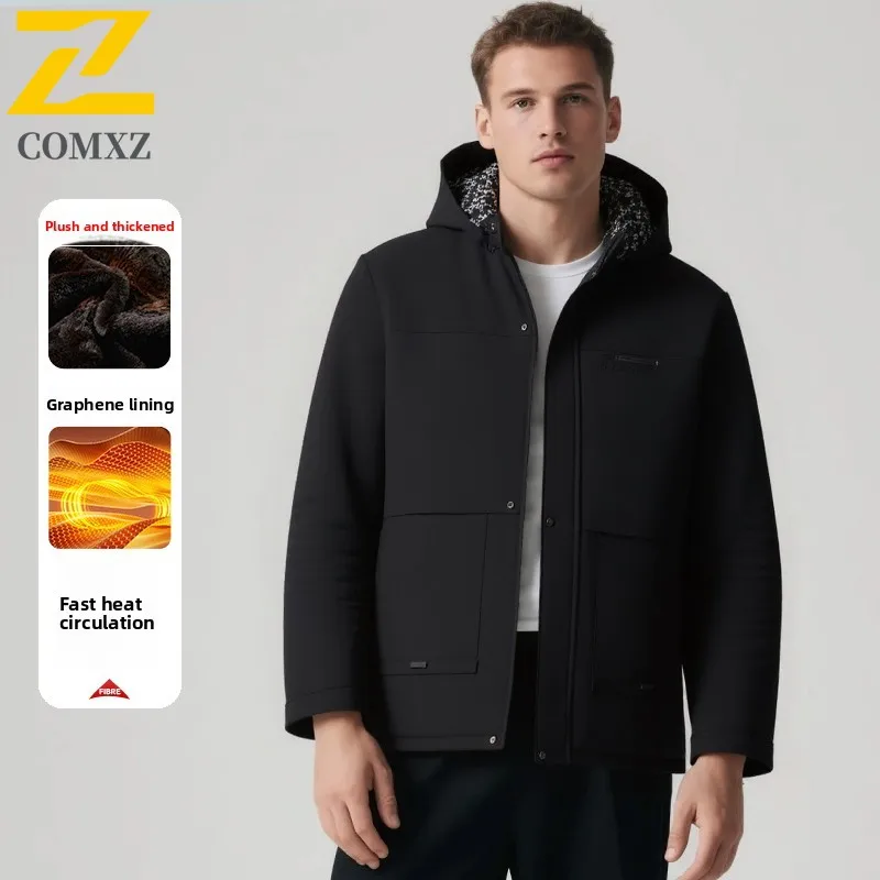 

Мужская хлопковая куртка 2025, графеновая толстая морозостойкая теплая куртка среднего и длинного цвета с капюшоном, уличное повседневное зимнее хлопковое пальто с перьями