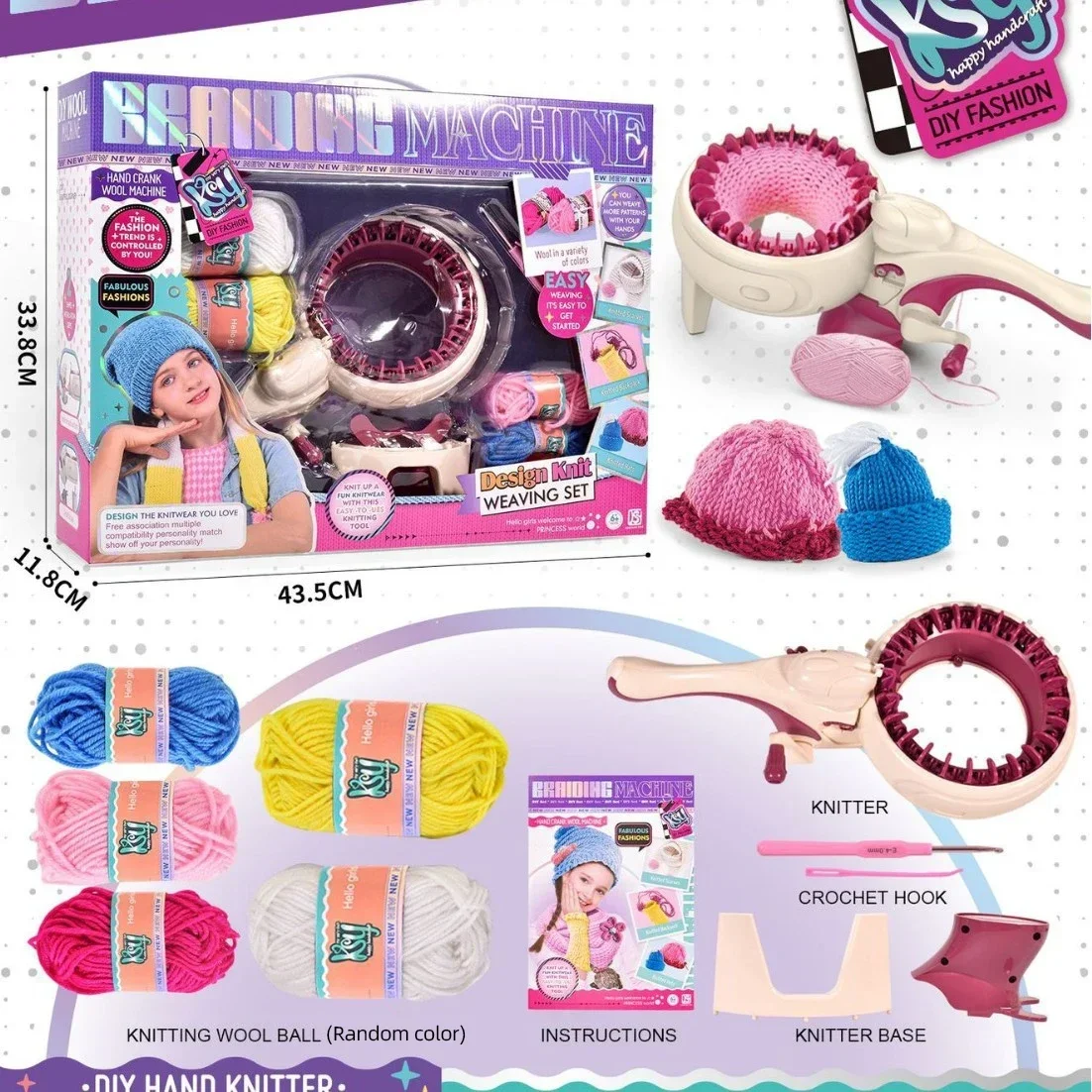 24Needles Hand Knitting Machine Kit  Yarn Material Bag for Girls DIY Knit Scarf Hat Sock,Hand Cranked Manual Knitting Machine