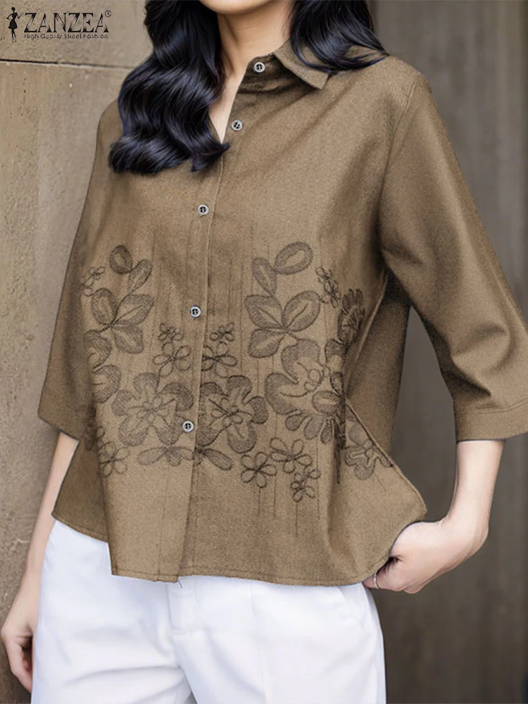 

ZANZEA Vintage Shirts Women 3/4 Sleeve Tops 2025 Embroidery Blusas Casual Lapel Neck Solid Tunic Oversize A-Line Loose Pullovers
