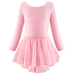 Girls Ballet Leotards with Chiffon Dance Skirt Long Sleeve Crisscross Back Kid Dance Training Workout Performance Outfit