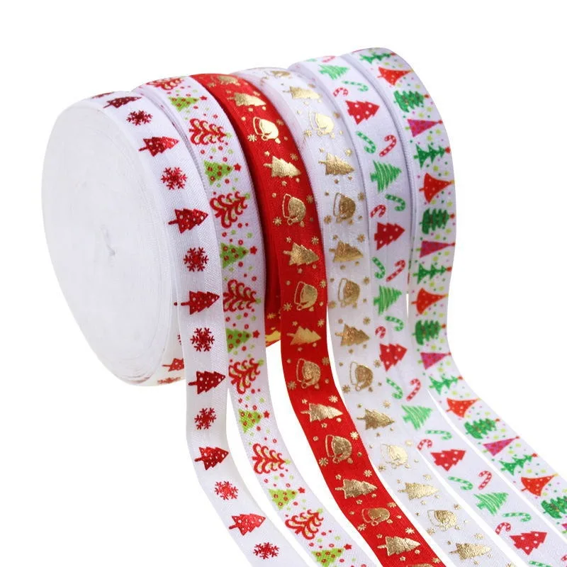 100 Yards 15mm Christmas Designs Fold over Elastic Ribbon  Shiny FOE Welcome Custom Printed