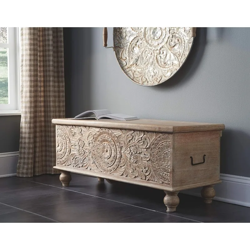 Fossile Ridge Boho Carved Wood Storage Bench with Hinge Top, Beige