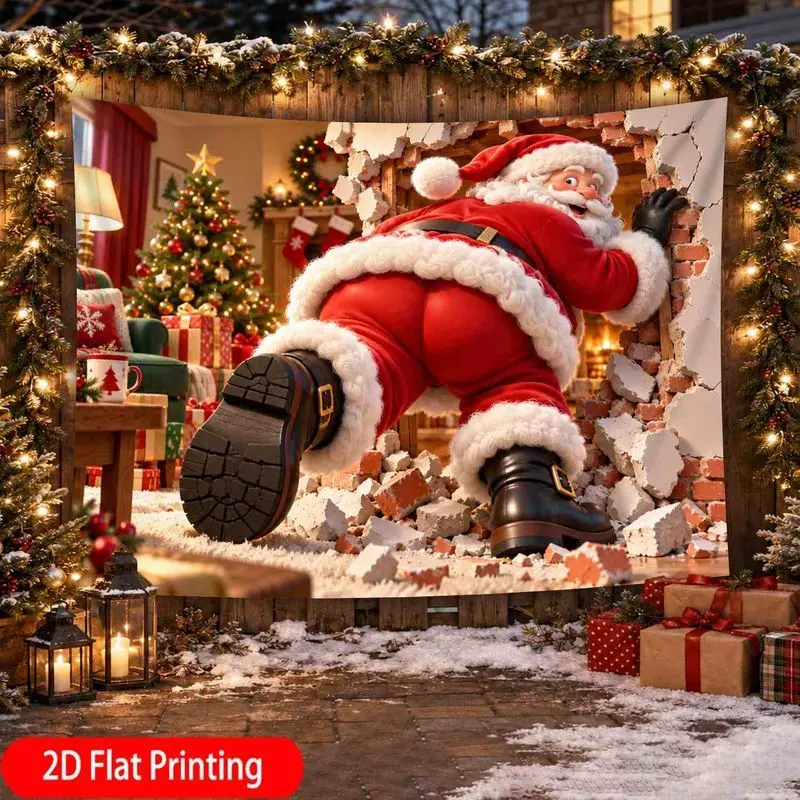 VIKAMA Brick Wall Santa Tapestry, Christmas 3D Look Santa Coming Through Broken Wall Hanging for Home Outdoor Aesthetic Decor