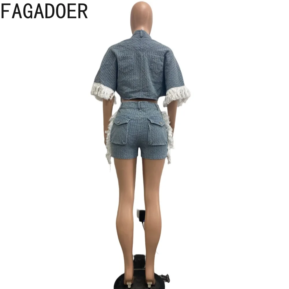 Fagadoer-デニムセット,ブルー,デニム,ショーツ,ブラ,半袖,カジュアル,ストリートウェア